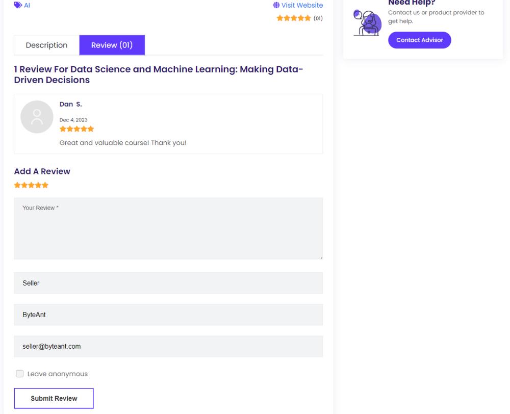 Courses reviews with ratings
